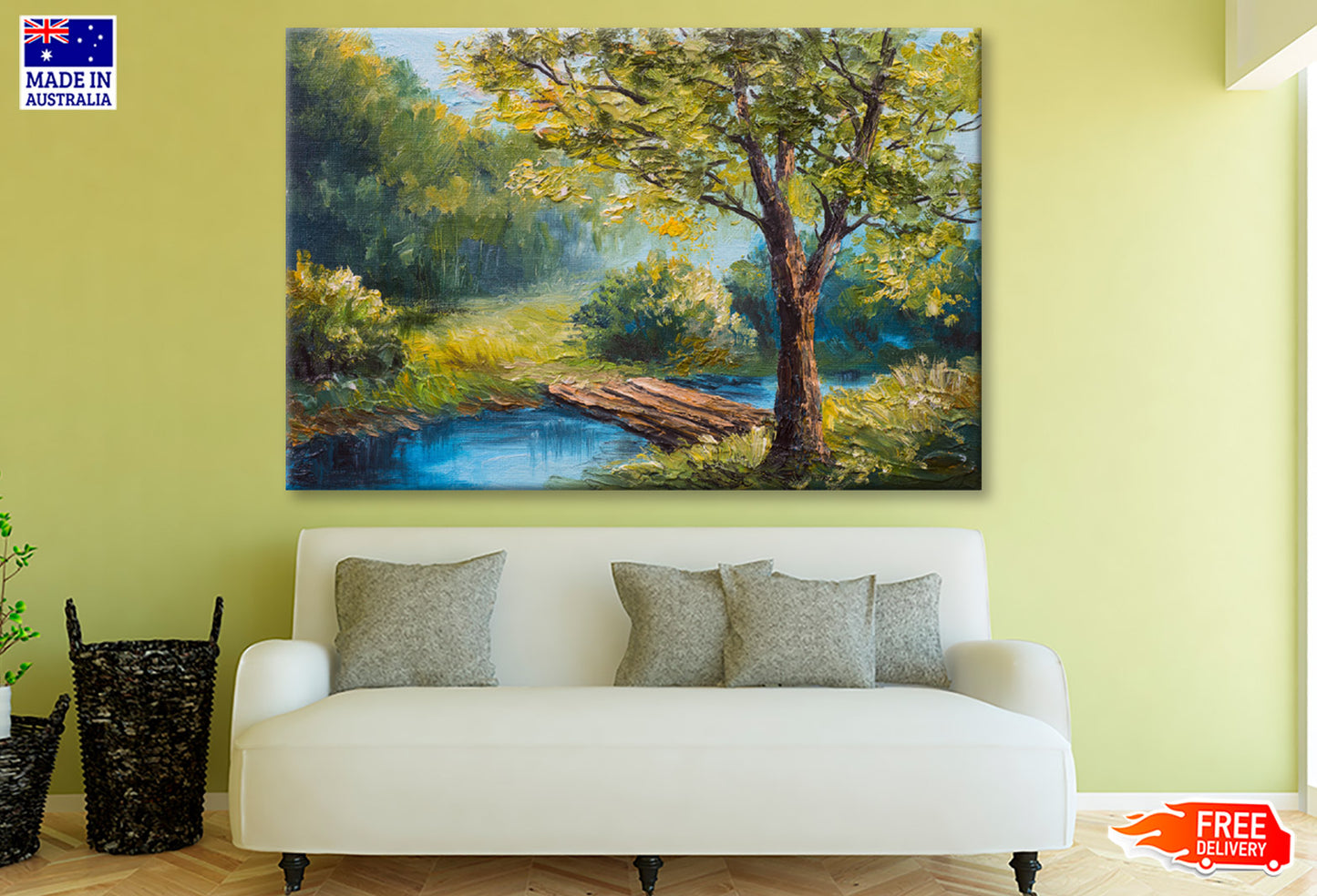 Wooden Pier on Lake & Green Forest Trees Oil Painting Wall Art Limited Edition High Quality Print