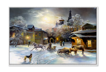 Rural Winter Village Oil Painting Wall Art Limited Edition High Quality Print Canvas Box Framed White