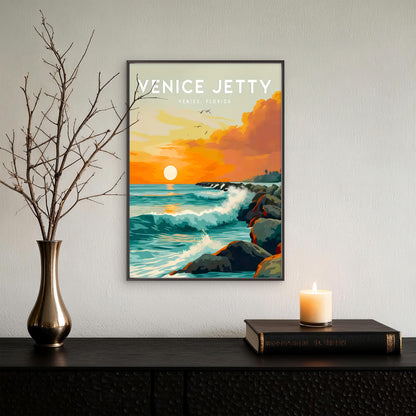 Venice Jetty Florida Surf Point Vibrant Sunset Ocean Waves & Coast Travel Poster Print Wall Art