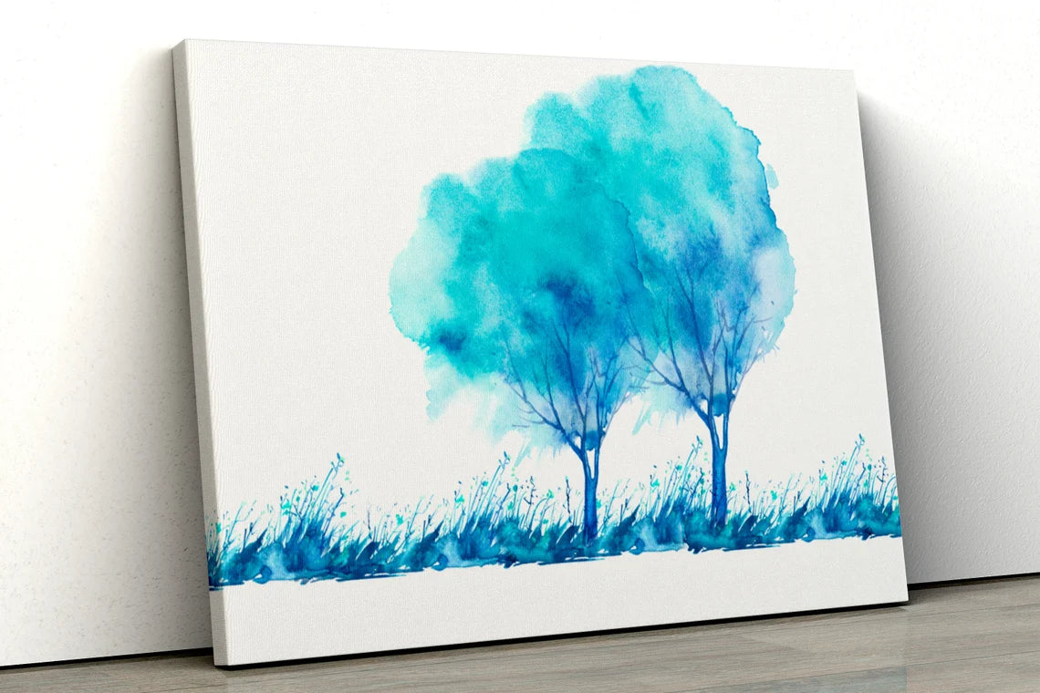 Blue Teal watercolor abstract trees field UV Direct Aluminum Print Australian Made Quality