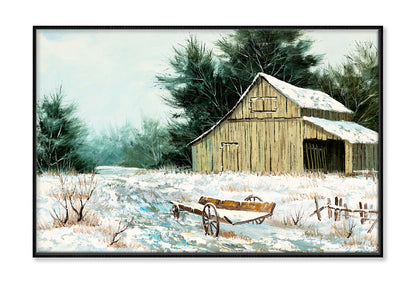 Old Barn House & Wooden Wagon in Winter Painting Wall Art Limited Edition High Quality Print Canvas Box Framed Black