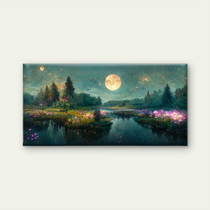 Magical Moonlit Forest Lake Wall Art Canvas Office Home Room Framed 120x60cm