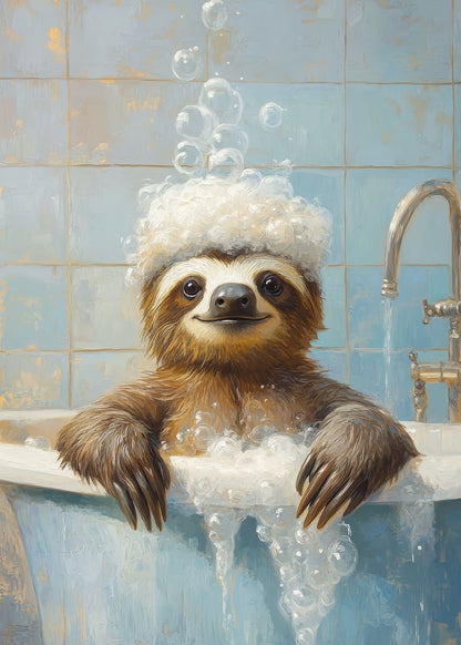 Funny Sloth Bathtub Bubbles 60x90cm Metal Print Ready to Hang