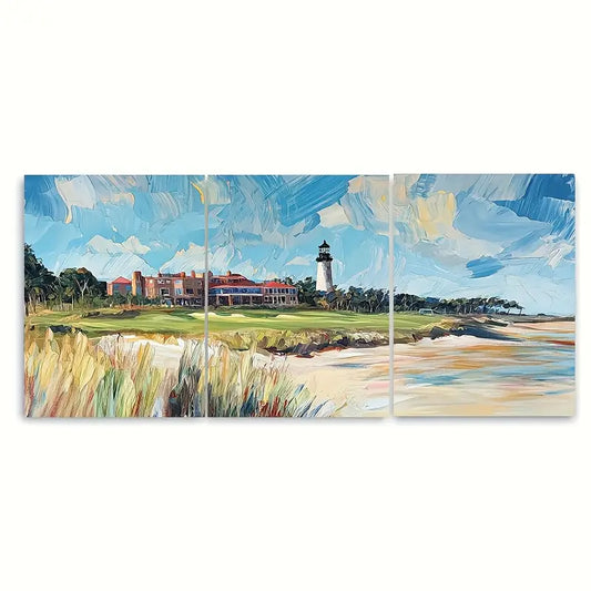 3pcs Lighthouse & Golf Course Scene Sky Metal Print Ready to Hang Art