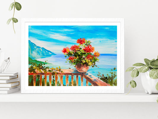 Bouquet Of Flowers & Sea, Coast Near The Mountains Glass Framed Wall Art, Ready to Hang Quality Print With White Border White