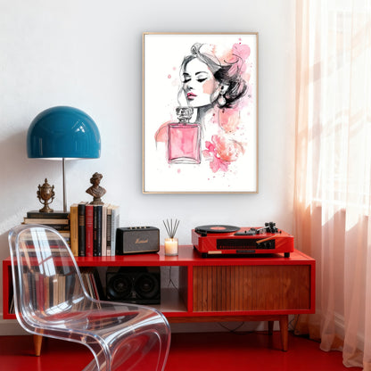 Soft Pastel Pink Perfume Bottle and Floral Woman Fashion Home Decor Premium Quality Poster Print Choose Your Sizes