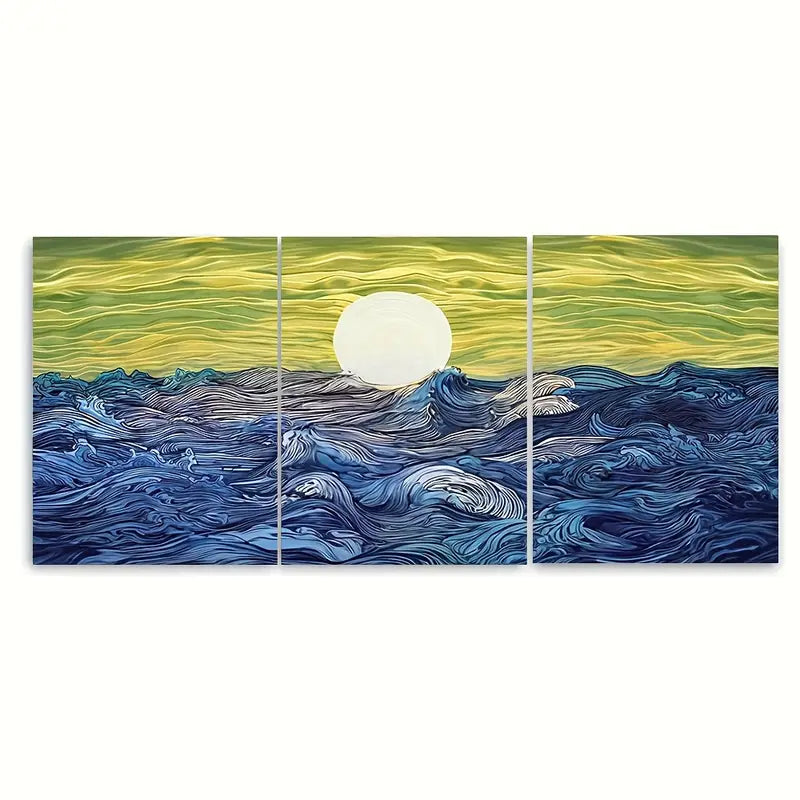 3pcs Moonlit Ocean Waves Japanese Blue Metal Print Ready to Hang Art