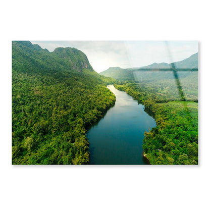 Aerial View Of River in Tropical Green Forest with Mountains in Background Acrylic Glass Print Tempered Glass Wall Art 100% Made in Australia Ready to Hang