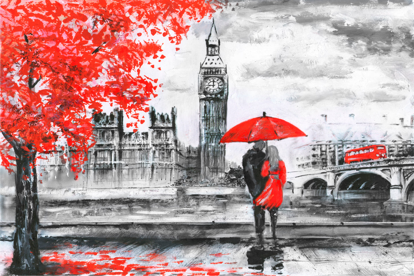 River & Bus On Bridge, Man & Woman Under A Red Umbrella, Street View Of London Glass Framed Wall Art, Ready to Hang Quality Print