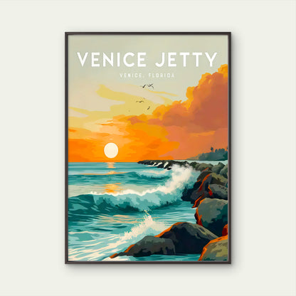 Venice Jetty Florida Surf Point Vibrant Sunset Ocean Waves & Coast Travel Poster Print Wall Art