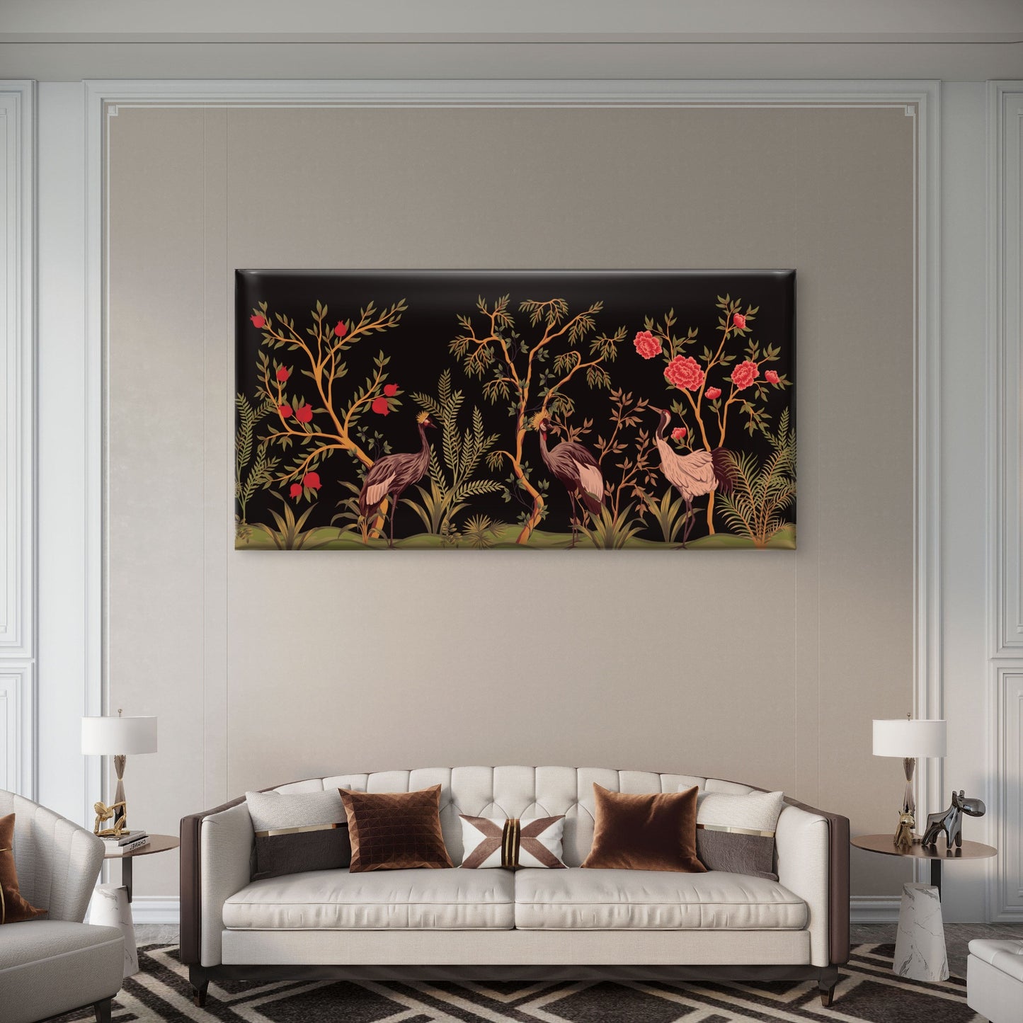 Chinoiserie Crane Bird Pattern Wall Art Canvas Office Home Room Framed 120x60cm