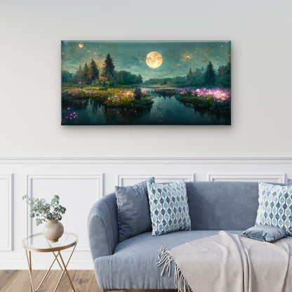 Magical Moonlit Forest Lake Wall Art Canvas Office Home Room Framed 120x60cm