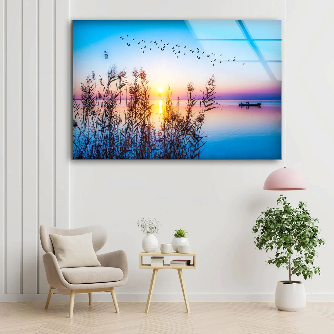 Boat on Lake Sunset UV Direct Aluminum Print Australian Made Quality