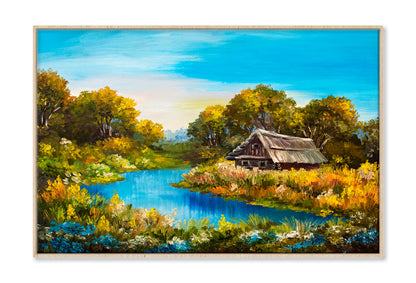 Farmhouse Near The River Oil Painting Wall Art Limited Edition High Quality Print Canvas Box Framed Natural