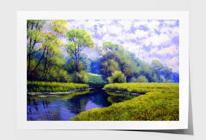 Green Grass Field & Trees near River Oil Painting Wall Art Limited Edition High Quality Print Unframed Roll Canvas None