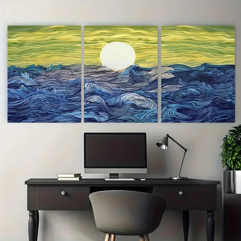 3pcs Moonlit Ocean Waves Japanese Blue Metal Print Ready to Hang Art