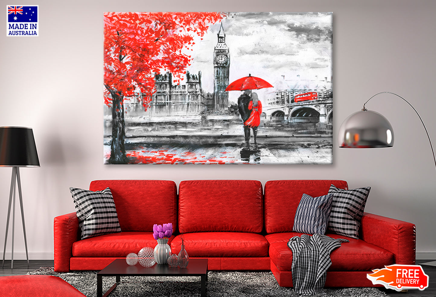 River & Bus On Bridge, Man & Woman Under A Red Umbrella, Street View Of London Oil Painting Wall Art Limited Edition High Quality Print