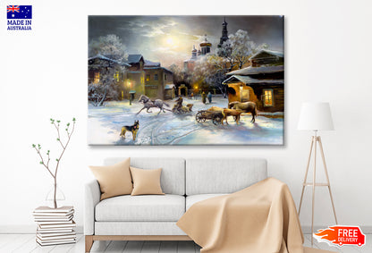 Rural Winter Village Oil Painting Wall Art Limited Edition High Quality Print