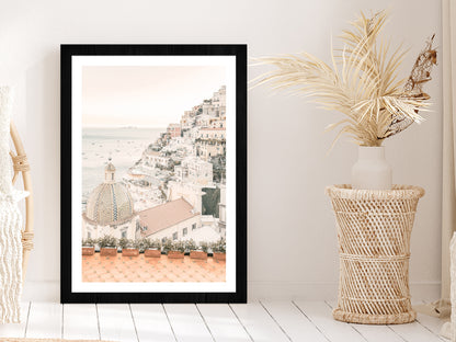 Sea & Houses Skyline Faded Photograph Glass Framed Wall Art, Ready to Hang Quality Print With White Border Black