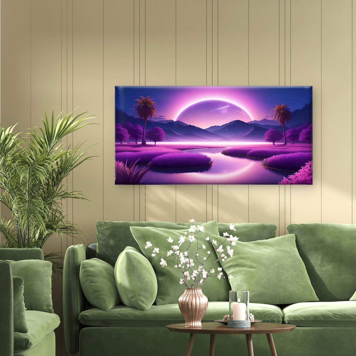Purple Moon Tropical Night Wall Art Canvas Office Home Room Framed 120x60 cm