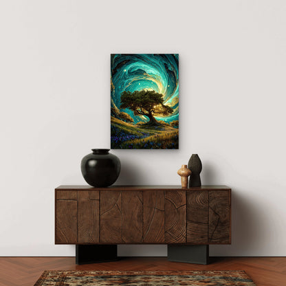 Cosmic Gold Teal Oak Tree 60x90cm Metal Print Ready to Hang
