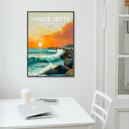 Venice Jetty Florida Surf Point Vibrant Sunset Ocean Waves & Coast Travel Poster Print Wall Art