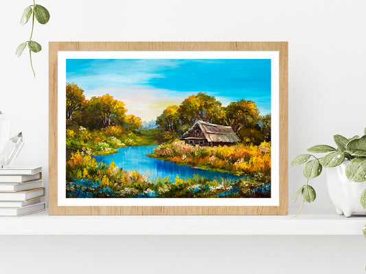 Farmhouse Near The River Oil Painting Glass Framed Wall Art, Ready to Hang Quality Print With White Border Oak