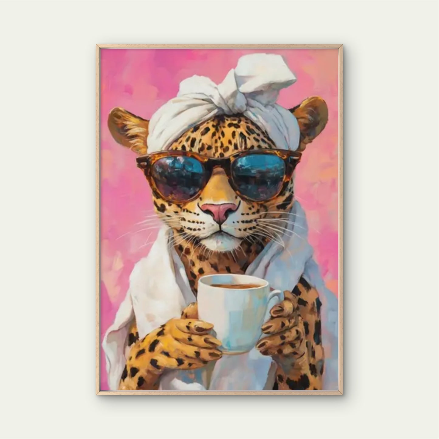 Pink & Orange Stylish Leopard with Coffee Mug Fashion Home Decor Premium Quality Poster Print Choose Your Sizes