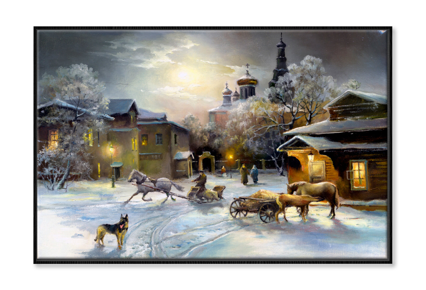 Rural Winter Village Oil Painting Wall Art Limited Edition High Quality Print Canvas Box Framed Black