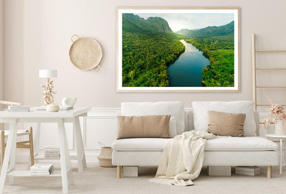 Aerial View Of River in Tropical Green Forest with Mountains in Background Home Decor Premium Quality Poster Print Choose Your Sizes