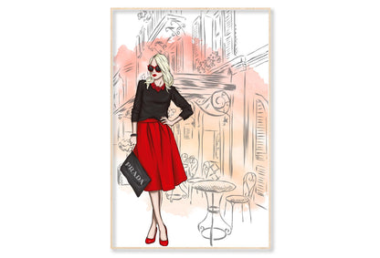 Red Shade Fashion Store with Lady Wall Art Limited Edition High Quality Print Canvas Box Framed Natural