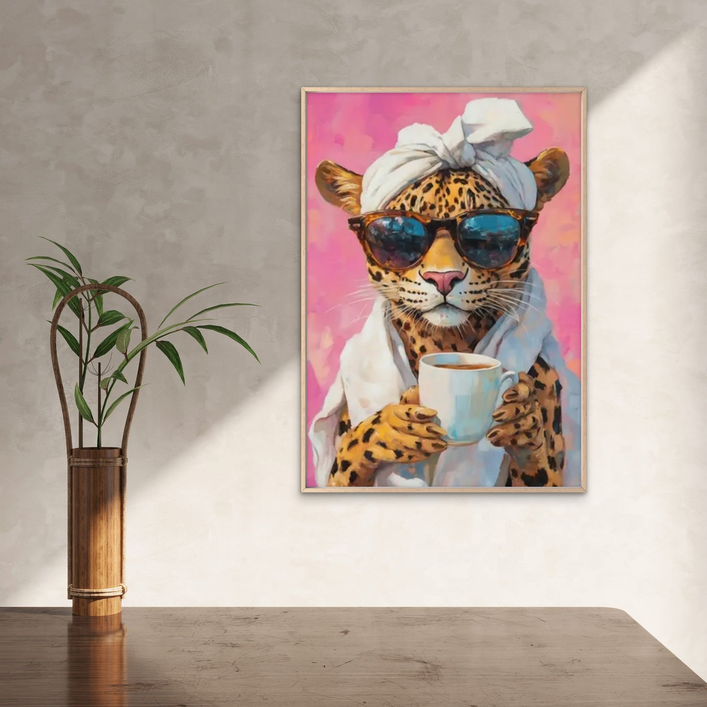 Pink & Orange Stylish Leopard with Coffee Mug Fashion Home Decor Premium Quality Poster Print Choose Your Sizes