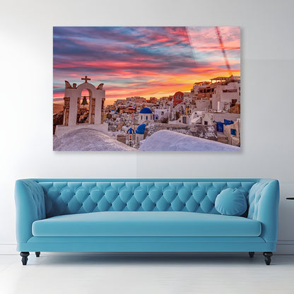 Santorini In Greece with Sunset Acrylic Glass Print Tempered Glass Wall Art 100% Made in Australia Ready to Hang