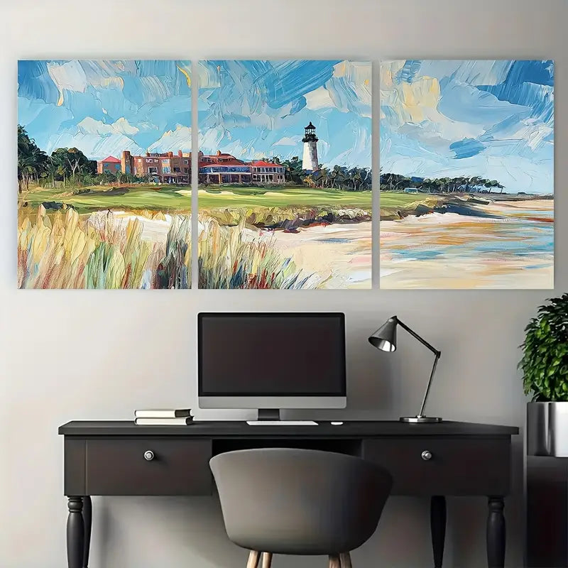 3pcs Lighthouse & Golf Course Scene Sky Metal Print Ready to Hang Art