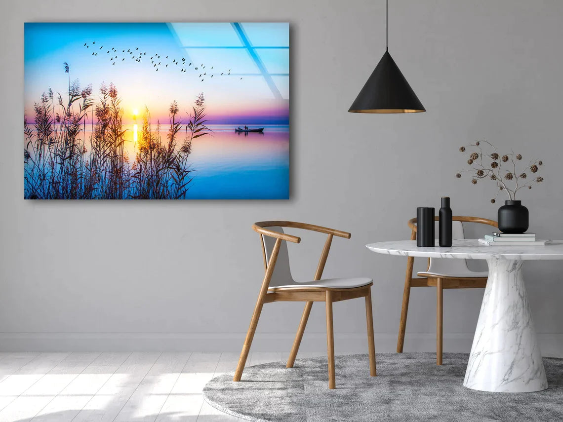 Boat on Lake Sunset UV Direct Aluminum Print Australian Made Quality