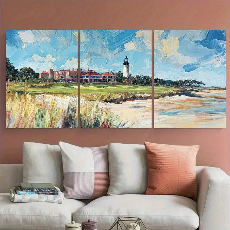 3pcs Lighthouse & Golf Course Scene Sky Metal Print Ready to Hang Art