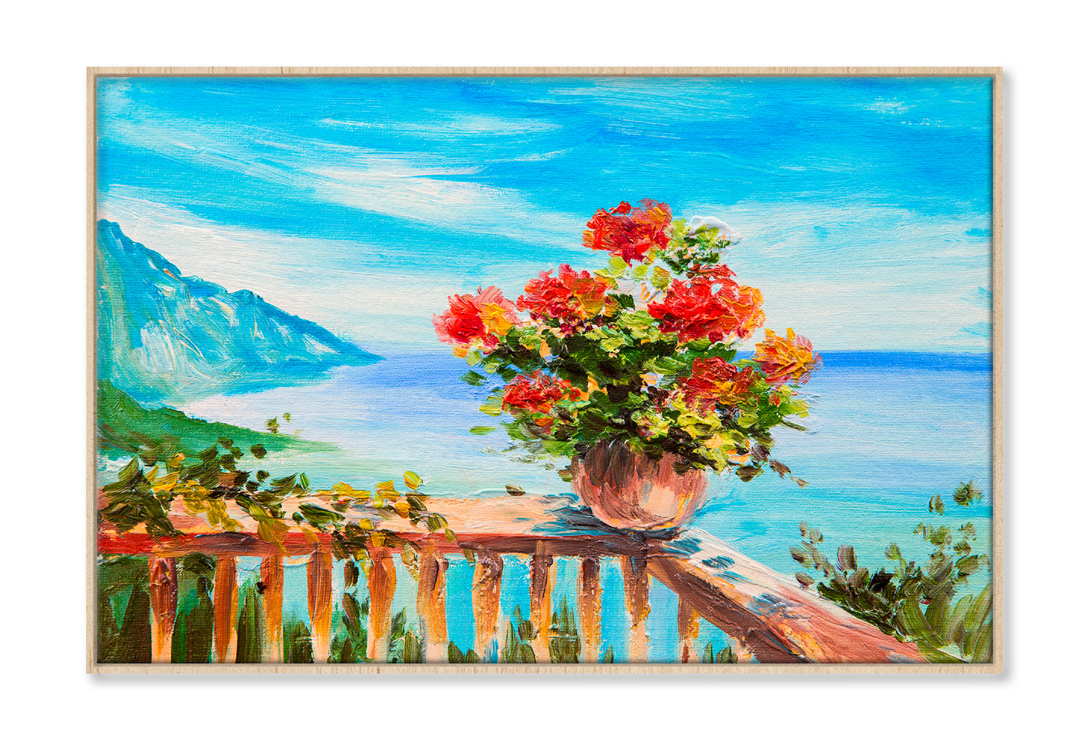 Bouquet Of Flowers & Sea, Coast Near The Mountains Oil Painting Wall Art Limited Edition High Quality Print Canvas Box Framed Natural