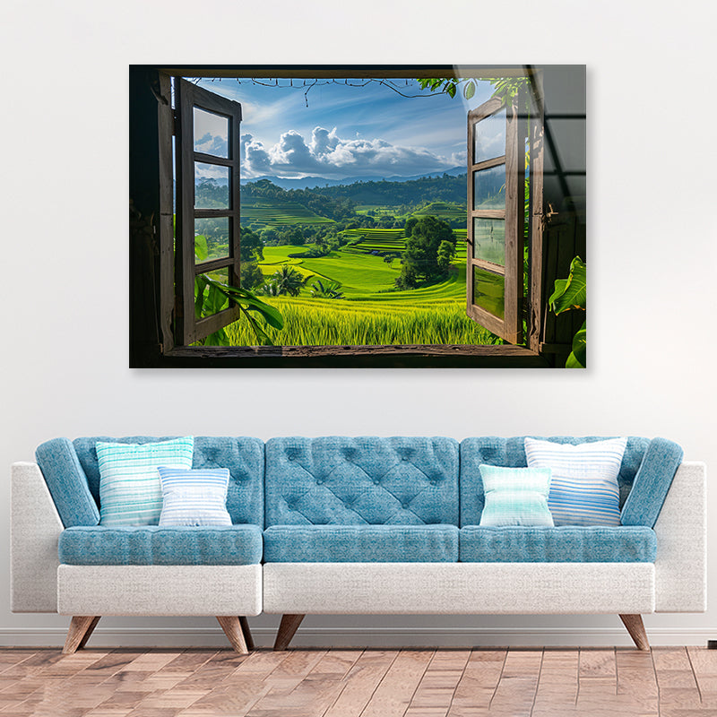 View of a Green Field through a Window Acrylic Glass Print Tempered Glass Wall Art 100% Made in Australia Ready to Hang