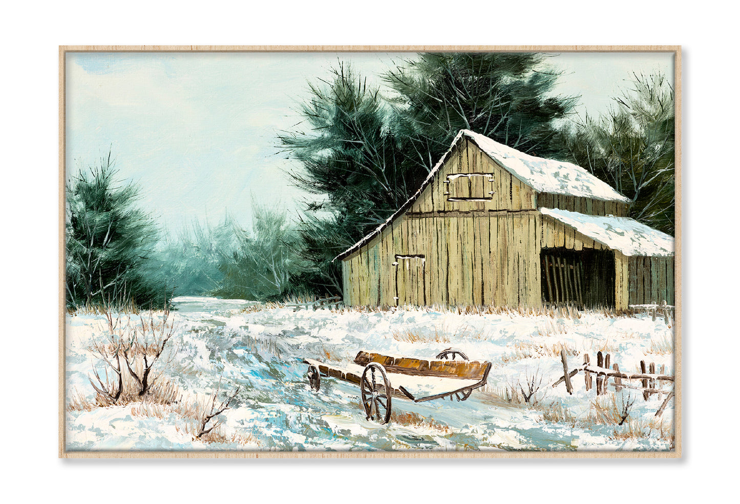 Old Barn House & Wooden Wagon in Winter Painting Wall Art Limited Edition High Quality Print Canvas Box Framed Natural