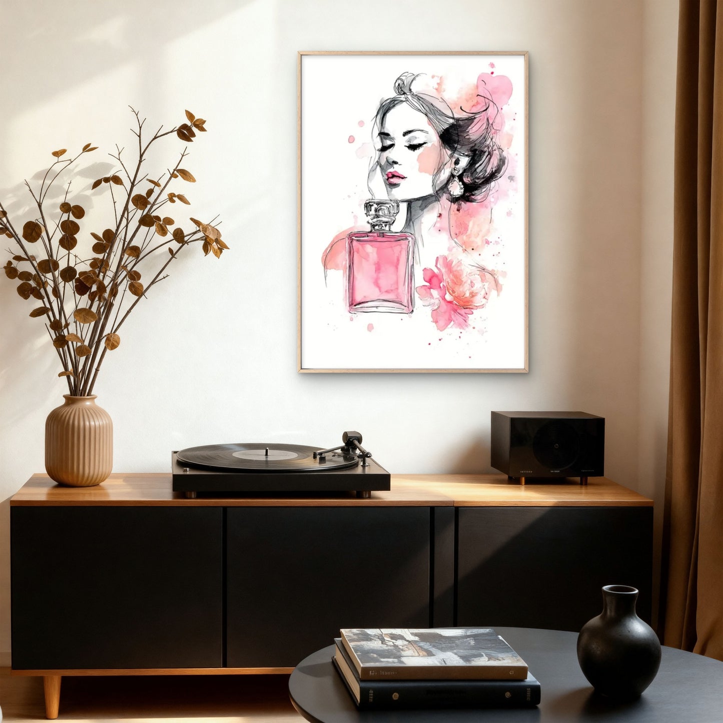 Soft Pastel Pink Perfume Bottle and Floral Woman Fashion Home Decor Premium Quality Poster Print Choose Your Sizes