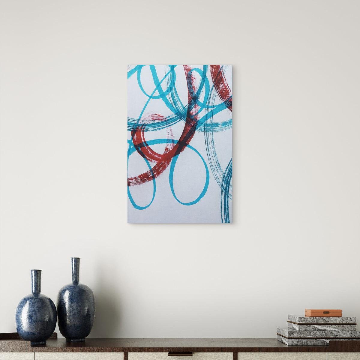 Teal and Red Abstract Swirls 60x90cm Metal Print Ready to Hang