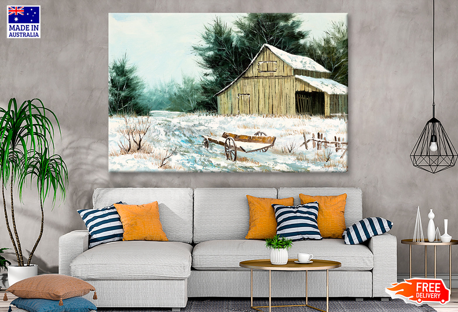 Old Barn House & Wooden Wagon in Winter Painting Wall Art Limited Edition High Quality Print