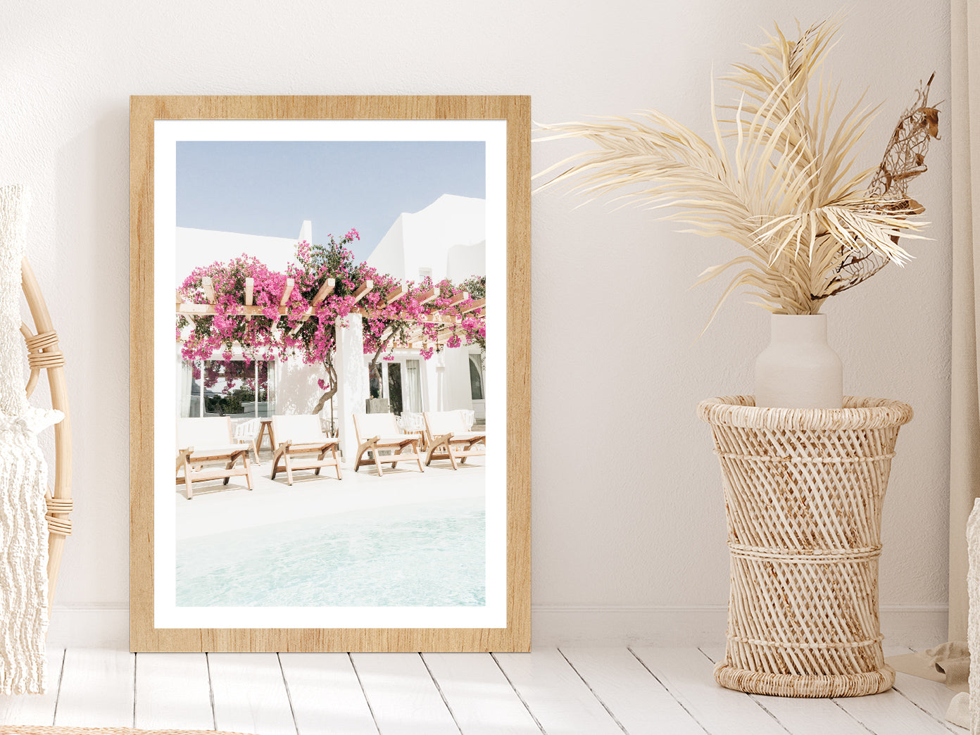 Pink Flowers Tree on House Faded Photograph Glass Framed Wall Art, Ready to Hang Quality Print With White Border Oak