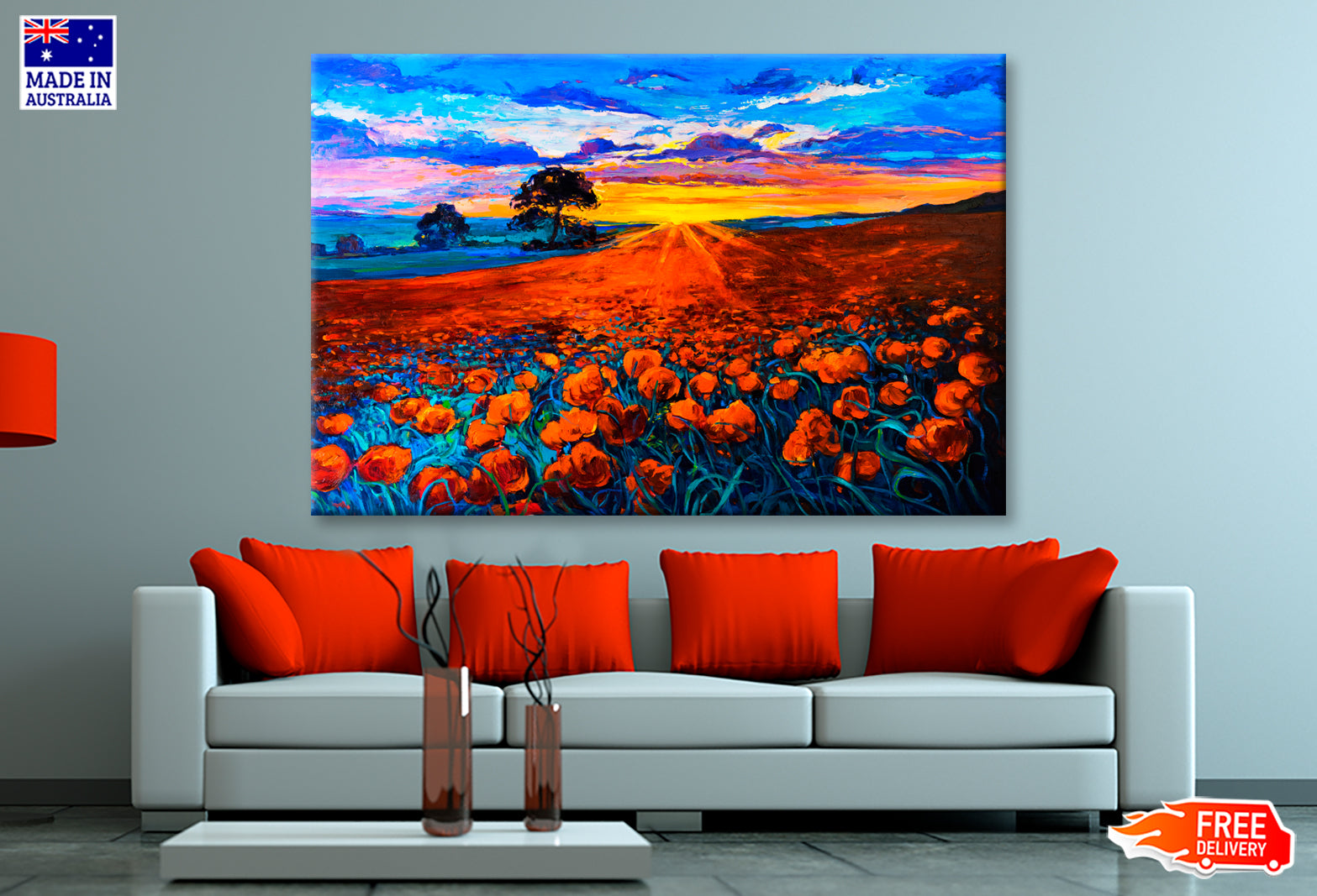 Poppy Field, Sunset Oil Painting Wall Art Limited Edition High Quality Print