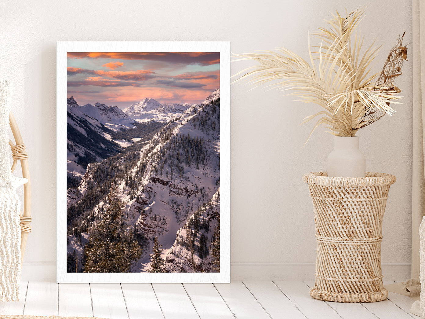 Maroon Bells & Vibrant Sunset Glass Framed Wall Art, Ready to Hang Quality Print Without White Border White