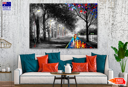 Couple Walking on Colorful Road B&W Trees Painting Wall Art Limited Edition High Quality Print