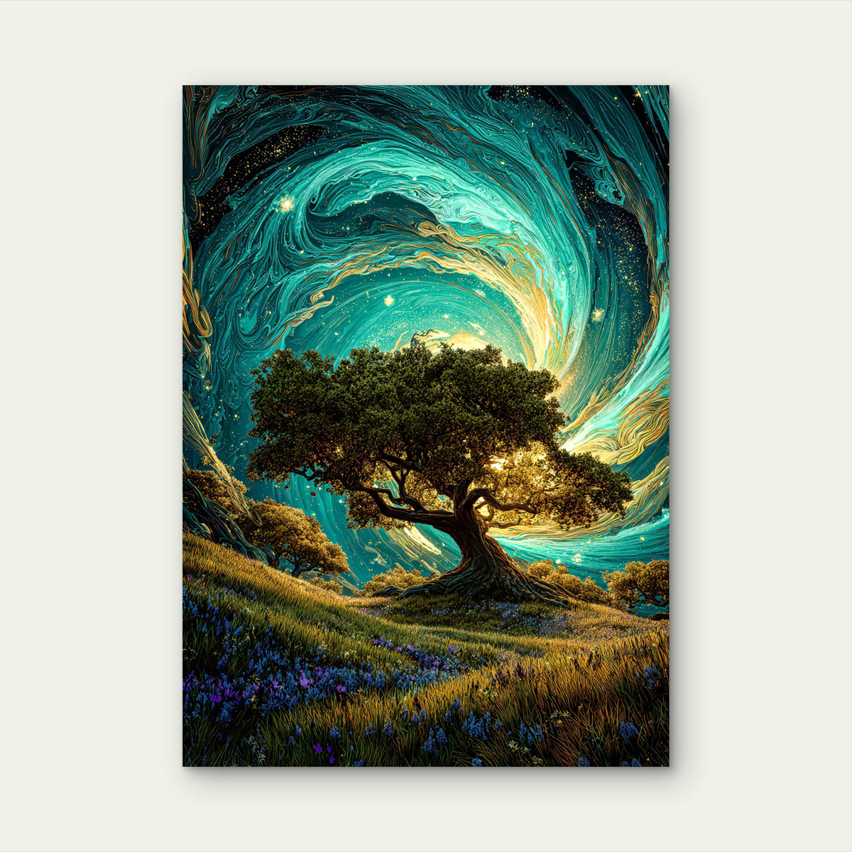 Cosmic Gold Teal Oak Tree 60x90cm Metal Print Ready to Hang