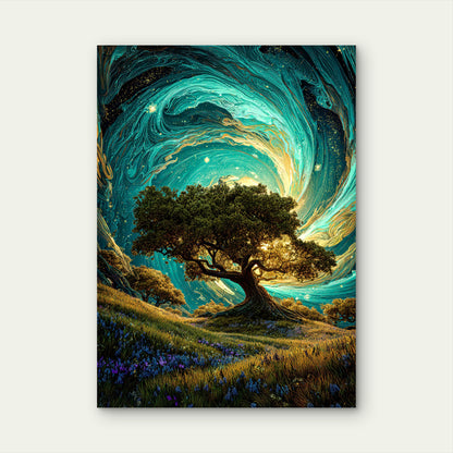 Cosmic Gold Teal Oak Tree 60x90cm Metal Print Ready to Hang
