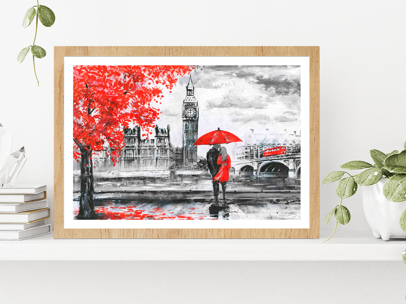 River & Bus On Bridge, Man & Woman Under A Red Umbrella, Street View Of London Glass Framed Wall Art, Ready to Hang Quality Print With White Border Oak