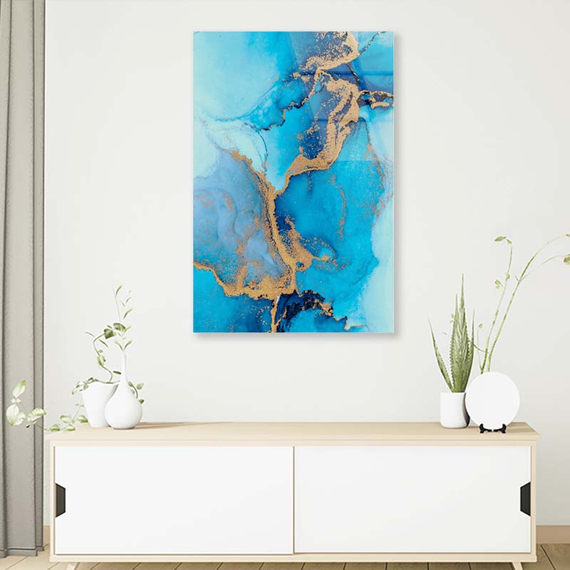 Luxury Blue Gold Abstract Acrylic Glass Print Tempered Glass Wall Art 100% Made in Australia Ready to Hang